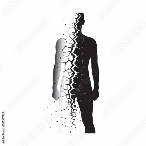 A striking black and white silhouette of a human body appears to be crumbling or disintegrating into small pieces, symbolizing fragility and breakdown.