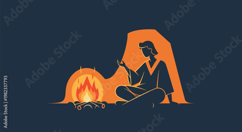 Stylized silhouette illustration of a person sitting by a warm campfire at night.