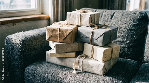 Stack of wrapped gift boxes in various colors and textures placed on a cozy gray sofa near a window with natural light illuminating the scene