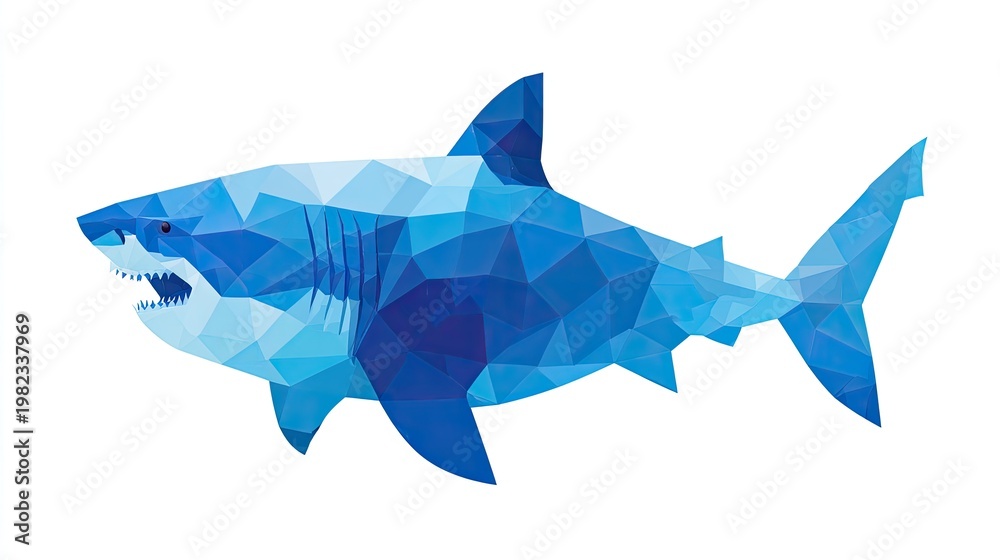 Fototapeta premium Stylized depiction of a predatory marine fish rendered in a low-poly geometric pattern using shades of blue.
