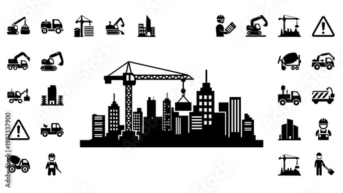Construction site icons with cityscape and various vehicles and workers
