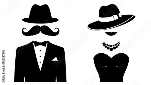 Vector silhouettes of man and woman in formal wear with accessories