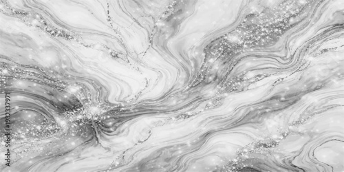 An abstract black and white liquid water surface featuring a frozen grunge texture and marble pattern design with a cold winter frost splash