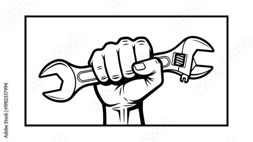 Hand holding adjustable wrench in a fist with a rectangular outline