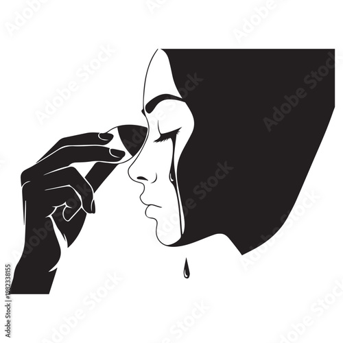 An emotional illustration captures a woman with closed eyes applying makeup with a sponge while tears visibly stream down her face, conveying hidden sorrow.