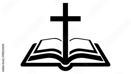 A dark gray icon of a cross on top of an open book