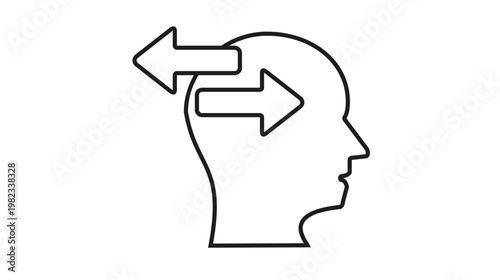 Minimalist black vector icon of a human head profile with two arrows pointing in opposite directions, symbolizing decision making, internal conflict, mental health, and cognitive thought processes.