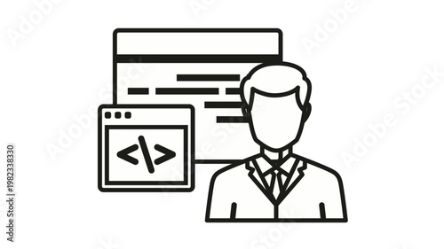 Black line art vector icon of a professional software developer or programmer in a suit standing with web browser windows and coding brackets, representing web development and programming.