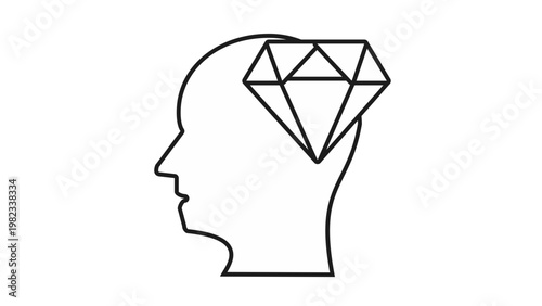 Schilderij op canvas Minimalist black vector icon illustration of a human head silhouette profile with a diamond gem inside the brain, representing brilliant ideas, mental value, and creative intelligence