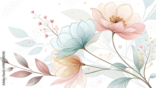 translucent floral elements, soft pastel palette, white background, elegant minimal composition, luxury feel