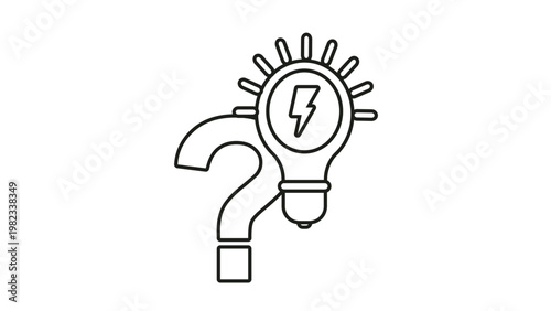 Question mark and light bulb vector icon illustration, symbol of creative problem solving, brainstorming, innovation, and finding answers to difficult questions in a minimalist black line style.