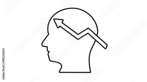Foto Minimalist black vector icon illustration of a human head profile with an upward trending arrow inside, representing mental growth, personal development, cognitive progress, and success mindset