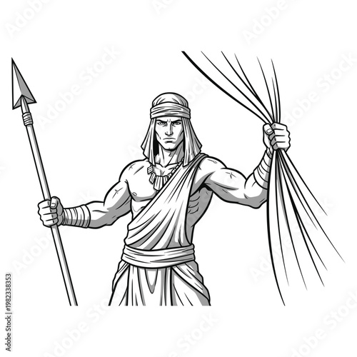 Ancient warrior holding spear and whip standing strong ready for battle
