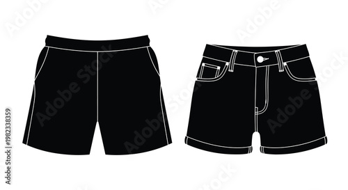 Black and white illustration of two pairs of women s denim shorts
