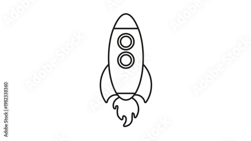 Minimalist black line art vector icon illustration of a rocket ship launching with exhaust flames, representing space exploration, startup growth, speed, and technology mission concepts.