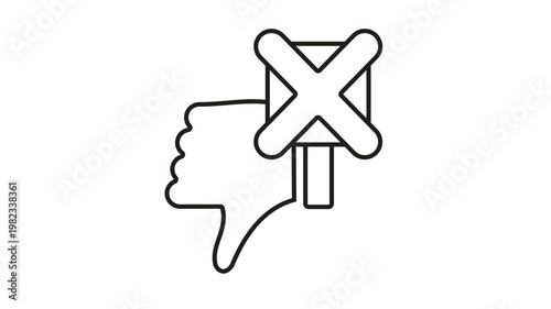 Minimalist black line art vector icon of a thumbs down hand gesture combined with a square protest sign featuring a large cross mark, symbolizing disapproval, rejection, and negative feedback.