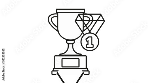 Fényképezés Minimalist black line art vector icon illustration of a first place trophy cup and a winner's medal with the number one, representing success, achievement, sports competition, and victory