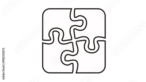 Black line art vector illustration of a four-piece jigsaw puzzle icon forming a square shape, symbolizing teamwork, collaboration, strategic problem solving, and business integration concepts.