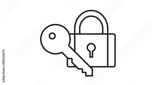 Minimalist black line art vector icon illustration of a padlock and key symbol, representing security, privacy, and protection for digital or physical access control, isolated on white background.