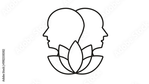 Mental health and psychology vector icon illustration featuring two human head profiles facing opposite directions with a blooming lotus flower at the base, symbolizing mindfulness and balance.