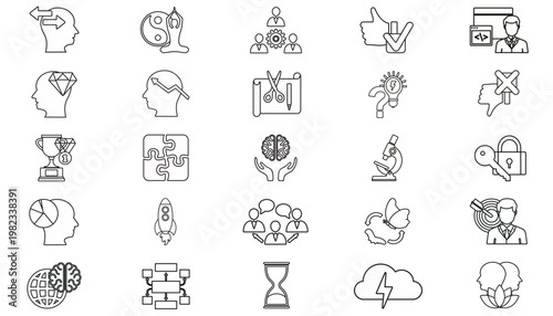 25 Black Vector Icon Set Collection Bundle featuring Business Management, Mental Health, Technology, Success, and Education Symbols. Minimalist Silhouette Icons for Web Design and Presentations.