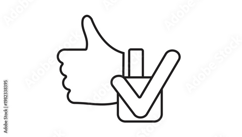 Thumbs up hand gesture with a checkmark in a box vector icon illustration. Minimalist black line art symbol for approval, success, positive feedback, agreement, and quality assurance.