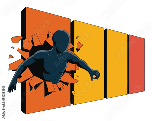 Person emerges from a broken wall panel.