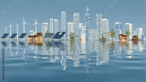 Modern city skyline featuring sustainable energy sources reflected upon rippling water surface