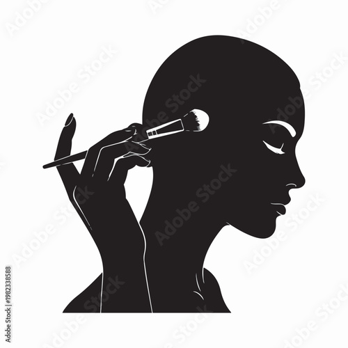 A clean black silhouette captures a woman gracefully applying makeup to her cheek with a brush, illustrating a focus on beauty and self-care.