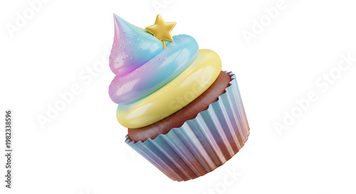 3D Render of a Colorful Cupcake with Star Topper