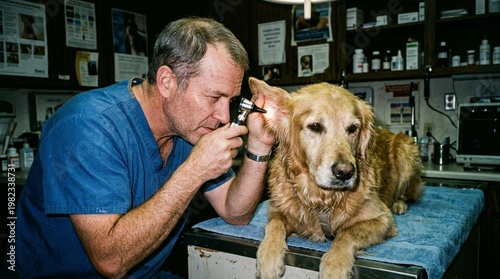 Male veterinarian examining golden retriever dog's ear with otoscope in veterinary clinic, medical supplies and equipment visible in the background