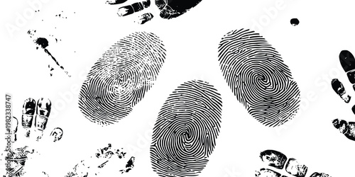 Abstract fingerprint grunge texture with forensic stamp marks ink distressed overlay high contrast isolated white background flat vector illustration