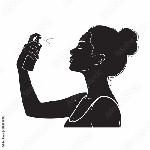 A sleek black silhouette portrays a woman closing her eyes while gently spraying a facial mist onto her face, emphasizing skincare and refreshment.