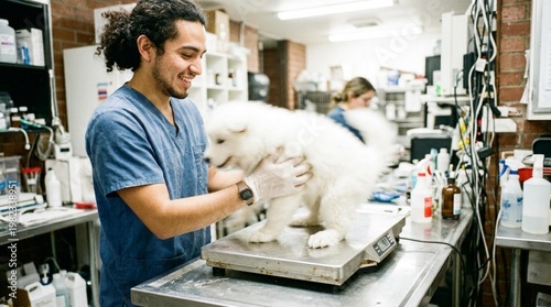 Male veterinarian in blue scrubs weighs a fluffy white puppy on a scale inside a veterinary clinic with various medical supplies visible in the background