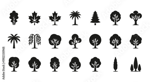 Collection of various tree silhouettes.