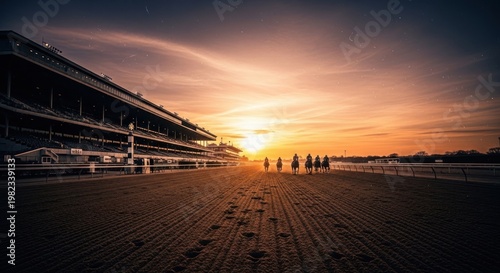 Racehorses on a racetrack at sunset equestrian sport and speed concept