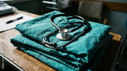 Stethoscope resting on folded teal scrubs placed on a wooden table in a medical environment with paperwork and a chair visible in the background