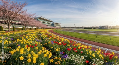 Racecourse with floral meadow and grandstands under a clear blue sky