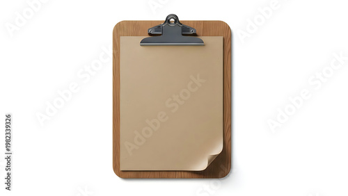 Empty clipboard with a slightly curled corner on a plain background isolated on white background