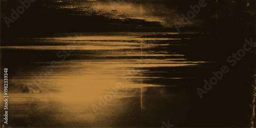 An abstract grunge film background captures the calm reflection of an orange sunset sky over a peaceful ocean horizon at dusk