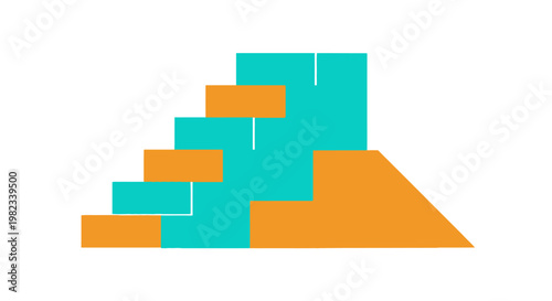 Abstract geometric composition of interlocking orange and cyan blocks.