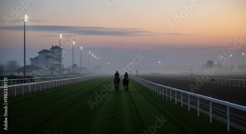 Two horse riders on track during dusk with building in background