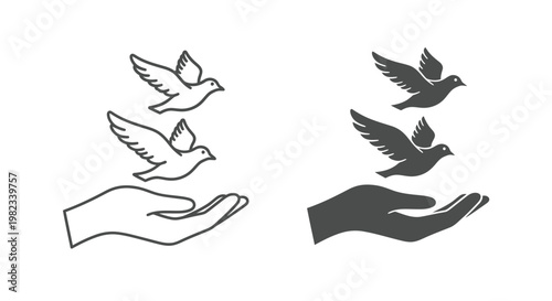 Minimalist vector graphic illustration of doves flying upwards from an open human hand for design concepts