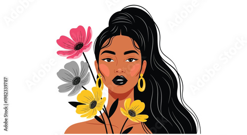 Beautiful woman with long black hair posing elegantly alongside colorful vibrant flowers in vector illustration design