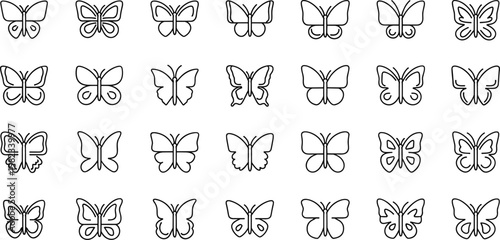 Minimal butterfly icon set featuring simple outline insects wing variations and clean line vector symbols for modern UI and design projects
