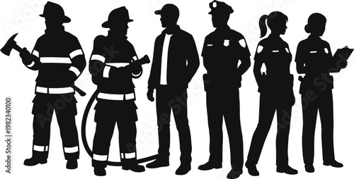 Public safety workers silhouette set with firefighters holding axe and hose, police officers in uniform, and emergency responders in standing poses