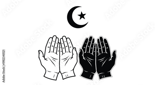 Minimalist black and white vector illustration showing open palms in prayer with a crescent moon symbol