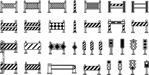 Road safety construction barrier and traffic light icon set including street blockades warning signs and urban infrastructure symbols for transportation