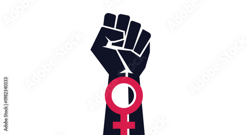 Raised fist holding a red female gender symbol for feminism and equality.