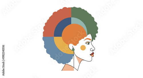 Abstract illustration of a woman with colorful afro hairstyle.